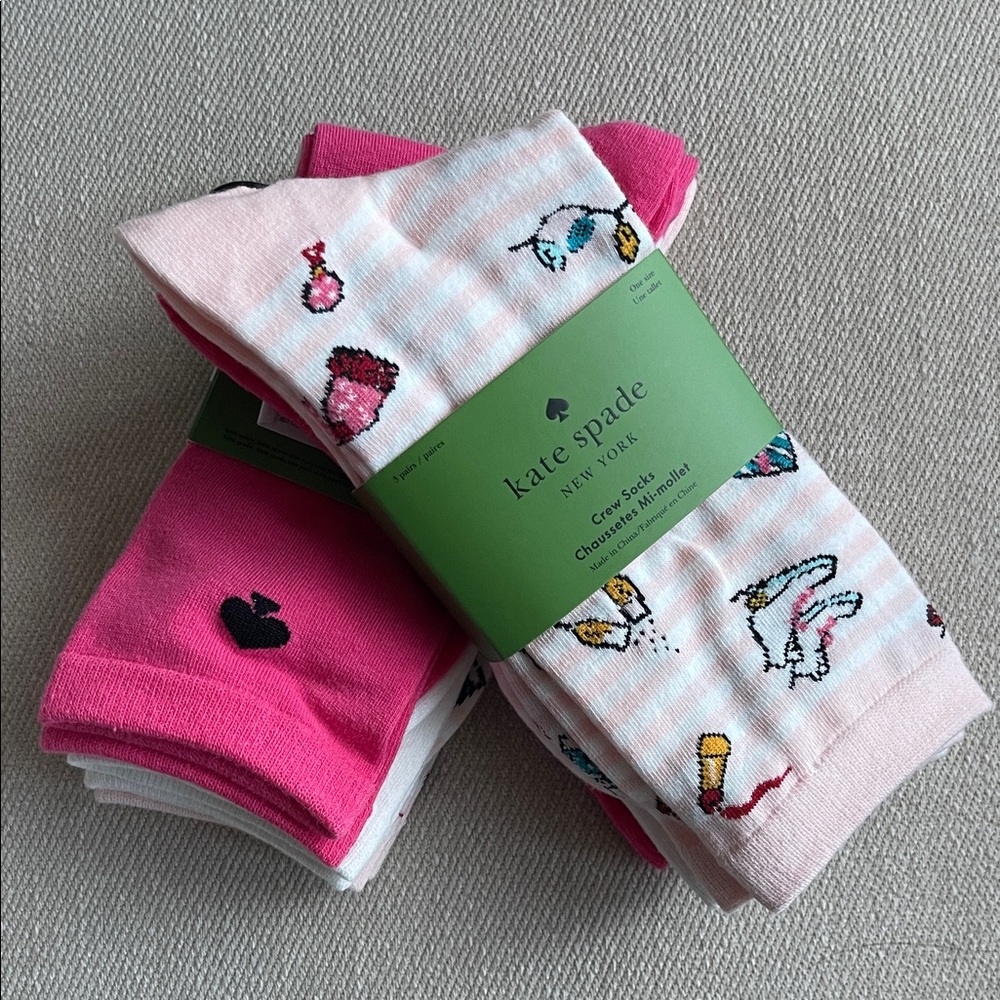 NWT Kate Spade 3-Pack Crew Socks | Hot Pink & White | Size 4-10